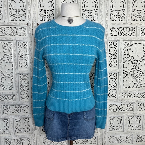 Express Wool Cashmere Blend Blue & White Striped Cable Knit Crew Neck Sweater - Picture 1 of 7